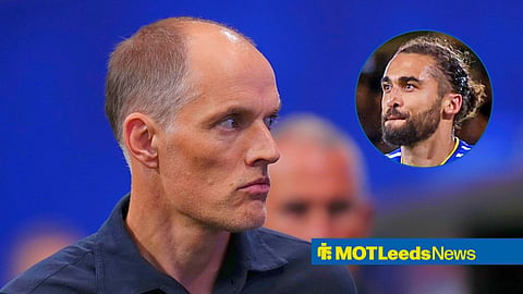 Main image of England manager Thomas Tuchel and Leeds United striker Dominic Calvert-Lewin's face in a circular inset on the right