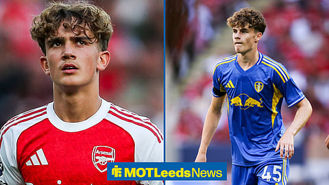 Max Dowman looking right in action for Arsenal in image split with Harry Gray in action for Leeds