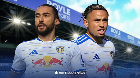 Leeds United duo Dominic Calvert-Lewin and Noah Okafor with Elland Road background