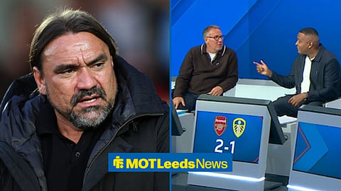 A 50:50 image. On the left is Leeds manager Daniel Farke looking displeased. On the right is an image of Paul Merson and Clinton Morrison bickering on Sky Sports after Leeds' 2-1 loss vs Arsenal.