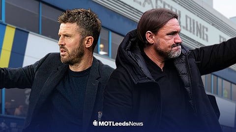 Michael Carrick, Manchester United head coach, and Daniel Farke, Leeds United head coach, both ahead of Elland Road
