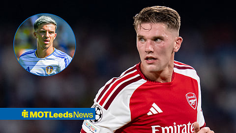 Leeds United defender Tarik Muharemovic in a circular inset and Arsenal striker Viktor Gyokeres