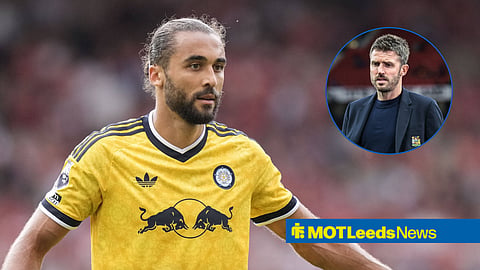 Leeds United striker Dominic Calvert-Lewin and Manchester United boss Michael Carrick in a circular inset.