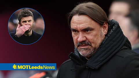 Daniel Farke looking concentrated towards Michael Carrick looking annoyed