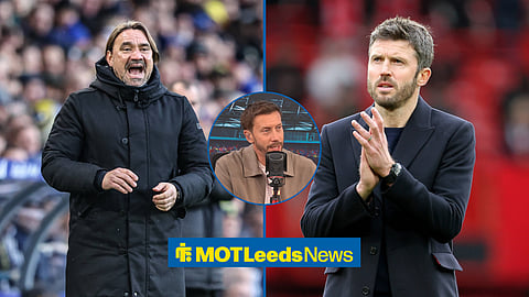 Leeds United manager Daniel Farke, Manchester United manager Michael Carrick, and Sam Matterface in a circular inset