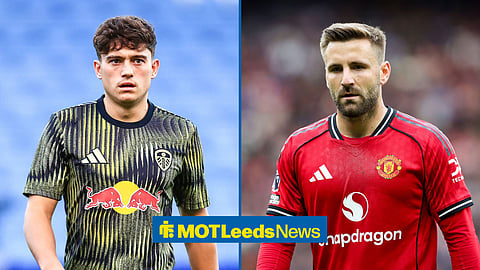 Daniel James warming up for Leeds on the left; Luke Shaw playing for Manchester United on the right