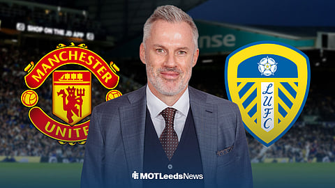 Sky Sports pundit Jamie Carragher between Leeds and Manchester United badges with Elland Road background
