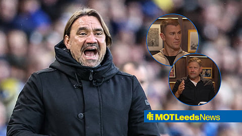 Leeds United manager Daniel Farke, and Joe Hart and Peter Schmeichel in circular insets
