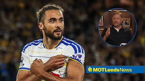Leeds united striker Dominic Calvert-Lewin, and Peter Schmeichel in a circular inset