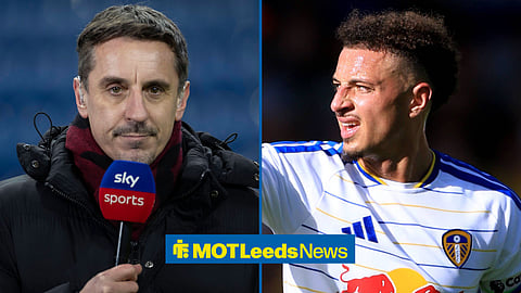 A 50:50 image. On the left is Gary Neville holding a Sky Sports microphone. On the right is Ethan Ampadu in action for Leeds United.