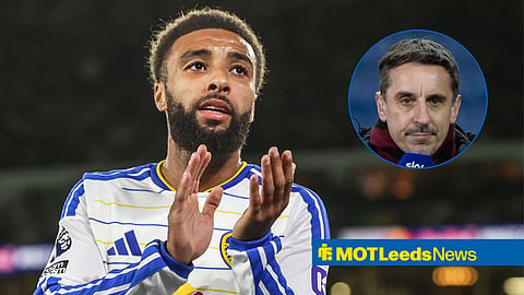 Jayden Bogle in action for Leeds United FC and Gary Neville speaking for Sky Sports