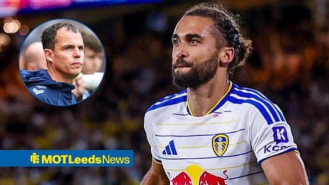 Dominic Calvert-Lewin celebrating for Leeds United looking at Regis Le Bris