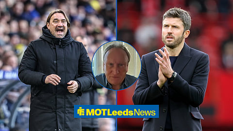 Leeds United manager Daniel Farke, Manchester United manager Michael Carrick, and Neil Warnock in a circular inset
