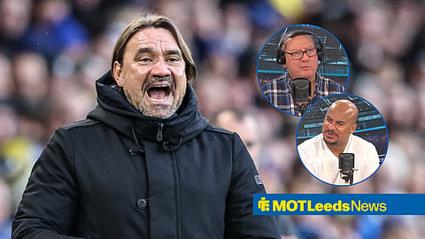 Leeds United manager Daniel Farke, and talkSPORT presenters Alan Brazil and Gabby Agbonlahor in circular insets