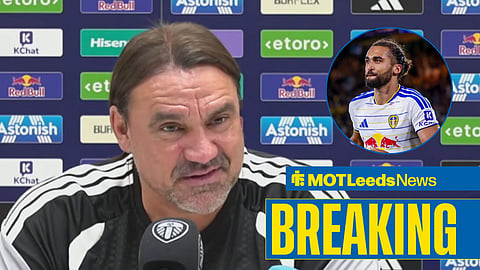 Daniel Farke speaking at a press conference, with Dominic Calvert-Lewin in a circular frame inset