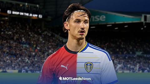 Esteban Lepaul in half Rennes and half Leeds shirt at Elland Road
