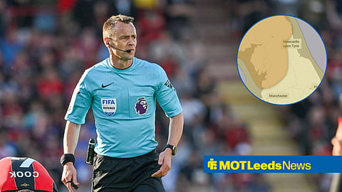 Stuart Attwell refereeing a game, with a Met Office weather map in a circular frame inset