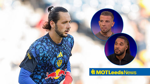 James Trafford warming up for Leeds United with Toby Alderweireld and Ashley Williams in circular insets