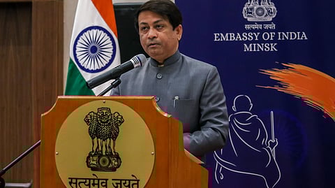 Alok Ranjan Jha, Ambassador of India to the Republic of Belarus, addressing the audience of India's Republic Day celebration on Jan 26, 2022 