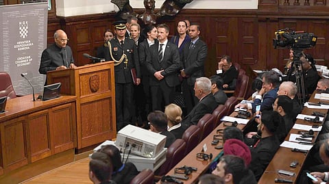 FILE PHOTO: Indian President Ram Nath Kovind addressing the Croatia-India Economic Forum at Croatia’s capital Zagreb, March 27, 2019.
