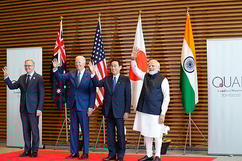 Prime Minister of Australia Anthony Albanese, U.S. President Joe Biden, Prime Minister of Japan Fumio Kishida, Prime Minister of India Narendra Modi, pose for photos at the entrance hall of the Prime Minister’s Office of Japan in Tokyo, Japan, May 24, 2022. 