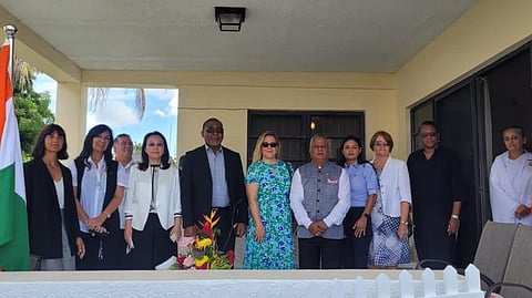 Vijay Shivkumar Tewani, The Honorary Consul of India in Antigua and Barbuda, with participants at the Indian Independence Day celebration on Aug. 15.