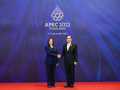 FILE PHOTO: Thailand's Prime Minister Prayuth Chan-ocha welcomes U.S. Vice President Kamala Harris to the APEC Summit 2022 in Bangkok, Thailand November 18, 2022. 