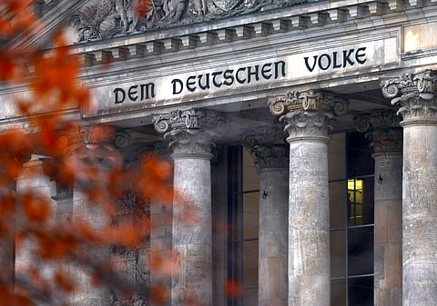The inscription 'To the German people' is written above the entrance to the Reichstag building, the seat of Germany's lower house of parliament Bundestag, in Berlin, Germany December 9, 2022. 