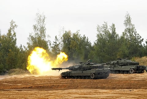 FILE PHOTO: NATO enhanced Forward Presence battle group Spanish army tank Leopard 2 fires during the final phase of the Silver Arrow 2022 military drill on Adazi military training grounds, Latvia September 29, 2022. 
