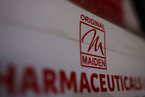 FILE PHOTO: Logo of the Maiden Pharmaceuticals Ltd. company is seen on a board outside their office in New Delhi, India, October 6, 2022. 