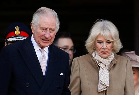 Britain's King Charles and Queen Camilla leave after their visit to the Bolton Town Hall, in Bolton, Britain January 20, 2023. 