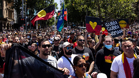 People participate in the 'Invasion Day' rally in Melbourne, January 26, 2023. 