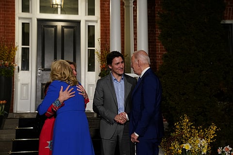 U.S. President Joe Biden and U.S. first lady Jill Biden meet with Canadian Prime Minister Justin Trudeau and his wife Sophie Gregoire Trudeau at Rideau Cottage in Ottawa, Ontario, Canada March 23, 2023. 