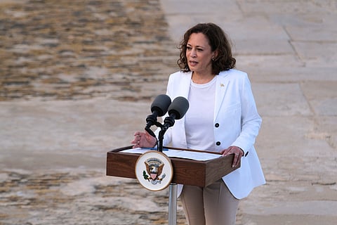 U.S. Vice President Kamala Harris delivers remarks after touring the Cape Coast slave castle during her week-long trip to Ghana, Tanzania and Zambia, in Cape Coast, Ghana March 28, 2023. 