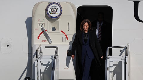 U.S. Vice President Kamala Harris arrives at airport before heading to the venue of this year's Security Conference in Munich, Germany, February 16, 2023. 