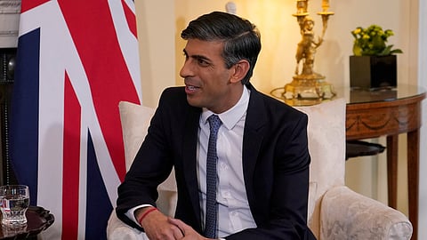 Britain's Prime Minister Rishi Sunak talks to Italian Prime Minister Giorgia Meloni during bilateral talks at 10 Downing Street in London, Thursday, April 27, 2023. 