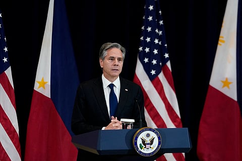 FILE PHOTO: U.S. Secretary of State Antony Blinken speaks during a joint press availability at the State Department with U.S. Defense Secretary Lloyd Austin, Philippine Secretary of Foreign Affairs Enrique Manalo, and Philippine Defense Chief Carlito Galvez Jr., in Washington, U.S., April 11, 2023. 