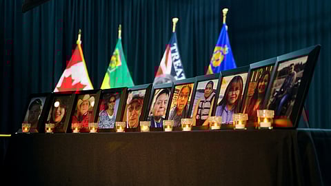 Photos of victims are displayed ahead of a news conference on the day the Royal Canadian Mounted Police (RCMP) release the preliminary timeline of the September 2022 stabbing spree at James Smith Cree Nation and nearby town of Weldon, in Melfort, Saskatchewan, Canada April 27, 2023. 