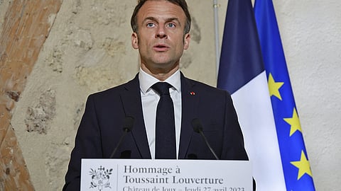 FILE PHOTO-French President Emmanuel Macron delivers a speech after visiting the 'Chateau de Joux' during a ceremony marking the 175th anniversary of the abolition of slavery in France, in La Cluse-et-Mijoux, near Besancon, eastern France, 27 April 2023. 