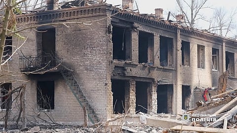 FILE PHOTO: A damaged building is seen, amid Russia's attack on Ukraine, in Avdiivka, Donetsk region, Ukraine, March 28, 2023, in this still image obtained from a social media video. 