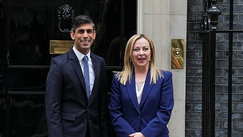 FILE PHOTO-British Prime Minister Rishi Sunak welcomes Italian Prime Minister Giorgia Meloni at Downing Street in London, Britain April 27, 2023. 