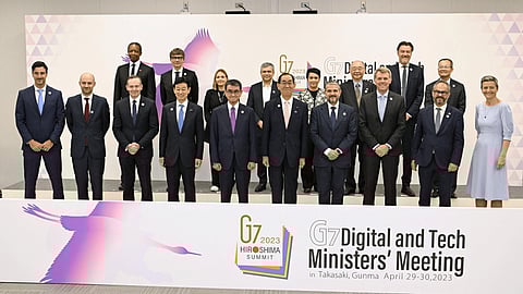 Digital and technology ministers attend a photo session during the G7 Digital and Tech Ministers' Meeting in Takasaki, Gunma Prefecture, Japan, on April 29, 2023, in this photo taken by Kyodo. 
