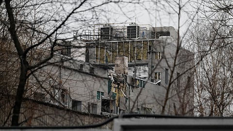 FILE PHOTO: A general view shows a building damaged in the night by Russian drone strikes, amid Russia's attack on Ukraine, in Kyiv, Ukraine March 28, 2023. 