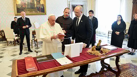 Pope Francis meets with Ukrainian Prime Minister Denys Shmyhal during their meeting at the Vatican, April 27, 2023. 