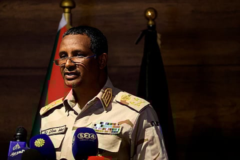 FILE PHOTO: Deputy head of Sudan's sovereign council General Mohamed Hamdan Dagalo speaks during a press conference at Rapid Support Forces head quarter in Khartoum, Sudan February 19, 2023. 
