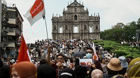 A view of visitors in front of the ruins of Saint Paul's during Labour Day holiday in Macau, China, April 30, 2023. 