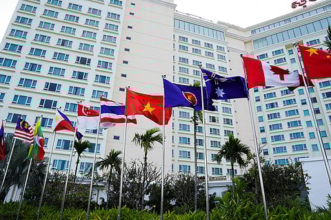 FILE PHOTO: Flags of participating countries fly outside the venue as Cambodia hosts the ASEAN Summit in Phnom Penh, Cambodia November 10, 2022. 