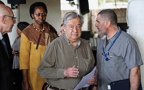U.N. Secretary-General Antonio Guterres arrives for a news conference at the U.N. Base in Halane Mogadishu, Somalia April 12, 2023. 
