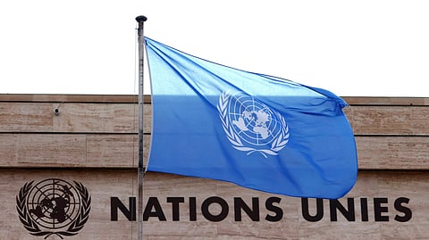 FILE PHOTO: A flag is seen on a building during the Human Rights Council at the United Nations in Geneva, Switzerland February 27, 2023. 