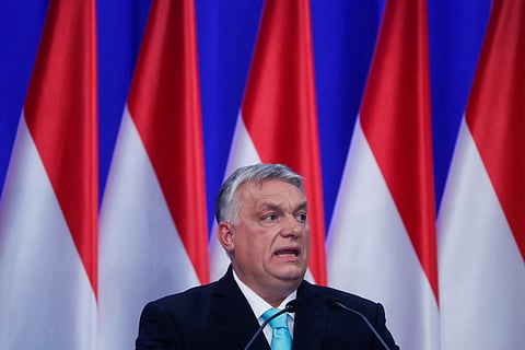 FILE PHOTO: Hungarian Prime Minister Viktor Orban delivers his annual State of the Nation speech, in Budapest, Hungary, February 18, 2023. 